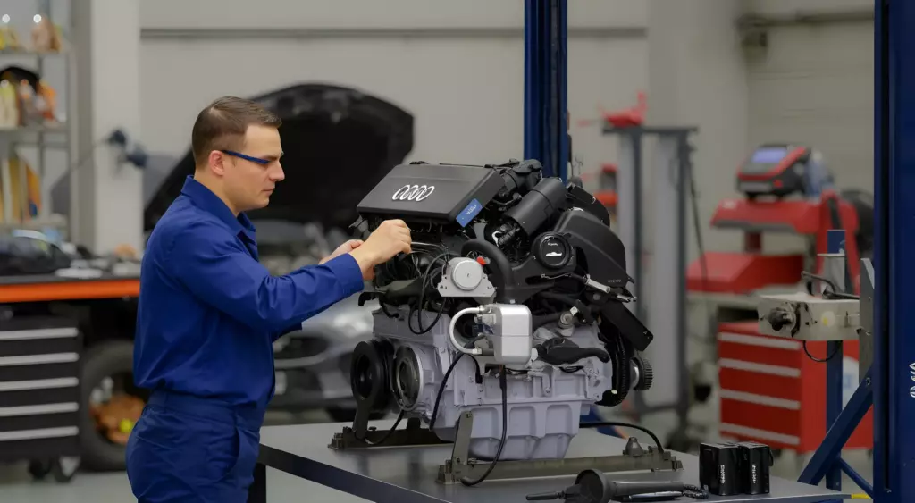 A realistic horizontal photo of a professional automotive workshop interior, featuring a skilled mechanic in a blue coveralls and safety goggles, carefully inspecting and working on a large, open Audi engine block on a polished metal workbench. The scene includes organized tools, a hydraulic lift, and a subtle background of other engine parts and a clean, well-lit environment. The focus is on the engine and the mechanic's hands, with a sense of precision and expertise.