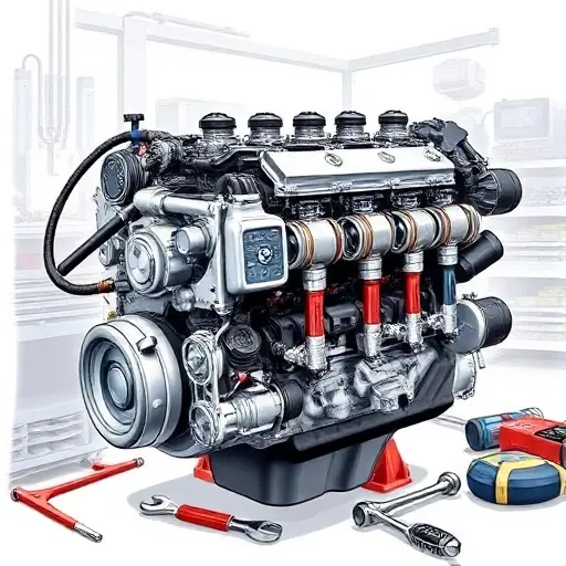 A detailed illustration of a BMW 3er E46 2.0L 143 hp engine undergoing repair. The engine should be partially disassembled, showing various components like the cylinder head, pistons, and connecting rods. Tools such as wrenches, screwdrivers, and diagnostic equipment should be visible around the engine. The background should be a clean, well-lit workshop environment.