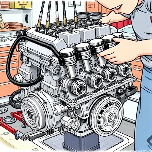 A detailed illustration of a mechanic repairing a 1.0L Daihatsu Cuore engine, showing the engine block, pistons, crankshaft, and tools such as wrenches and sockets, with a workshop background, no text or labels