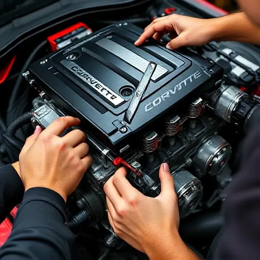 A detailed close-up of a mechanic's hands working on a Chevrolet Corvette C8 6.2 V8 LT2 engine, showing the engine block, pistons, and tools in a workshop setting, with no text, letters, or numbers