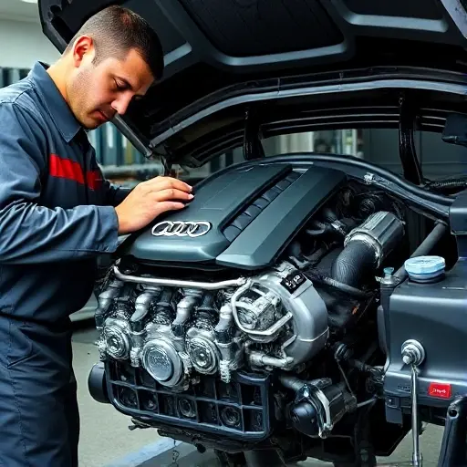 A detailed, realistic image of a mechanic working on the engine of an Audi S6 3.0 V6 TFSI. The engine should be prominently displayed, showcasing its components. The mechanic is wearing professional attire and using specialized tools. The background should be a clean and organized automotive repair shop. Focus on the engine's complexity and the precision of the repair process.