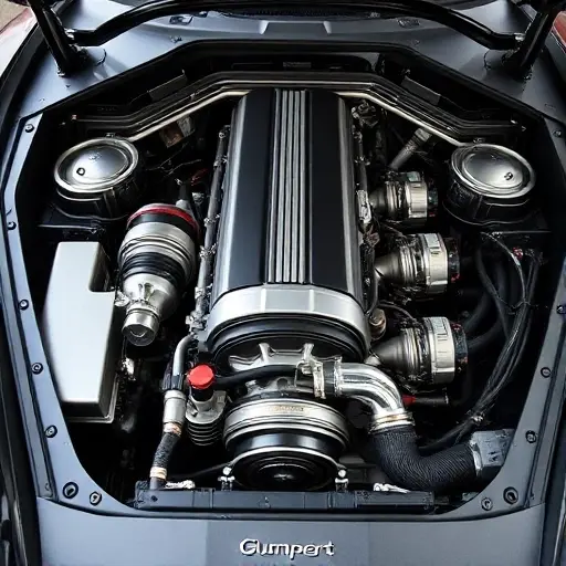 A detailed, high-quality image of the engine bay of a Gumpert Apollo 4.2 V8 Twin Turbo 65. Focus on the engine components, showcasing the V8 engine, turbochargers, and intricate details of the mechanical parts. The lighting should be realistic, highlighting the textures and metallic surfaces.