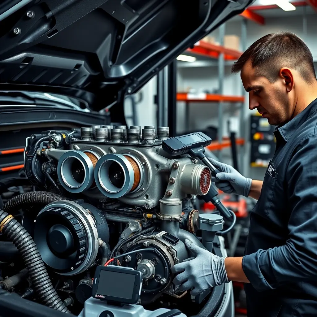 A detailed, realistic scene of a professional mechanic in a clean garage, focused on repairing the engine of a GMC Sierra 1500 with a 3.0 Duramax diesel powerplant. The engine block is open, showing pistons, turbocharger, and fuel injection components. The mechanic is using specialized tools, such as a torque wrench and diagnostic scanner, while wearing a dark work shirt and gloves. The background includes organized tool racks, a service lift, and subtle lighting that highlights the metallic textures of the engine parts, all rendered in high-definition, high-quality detail.