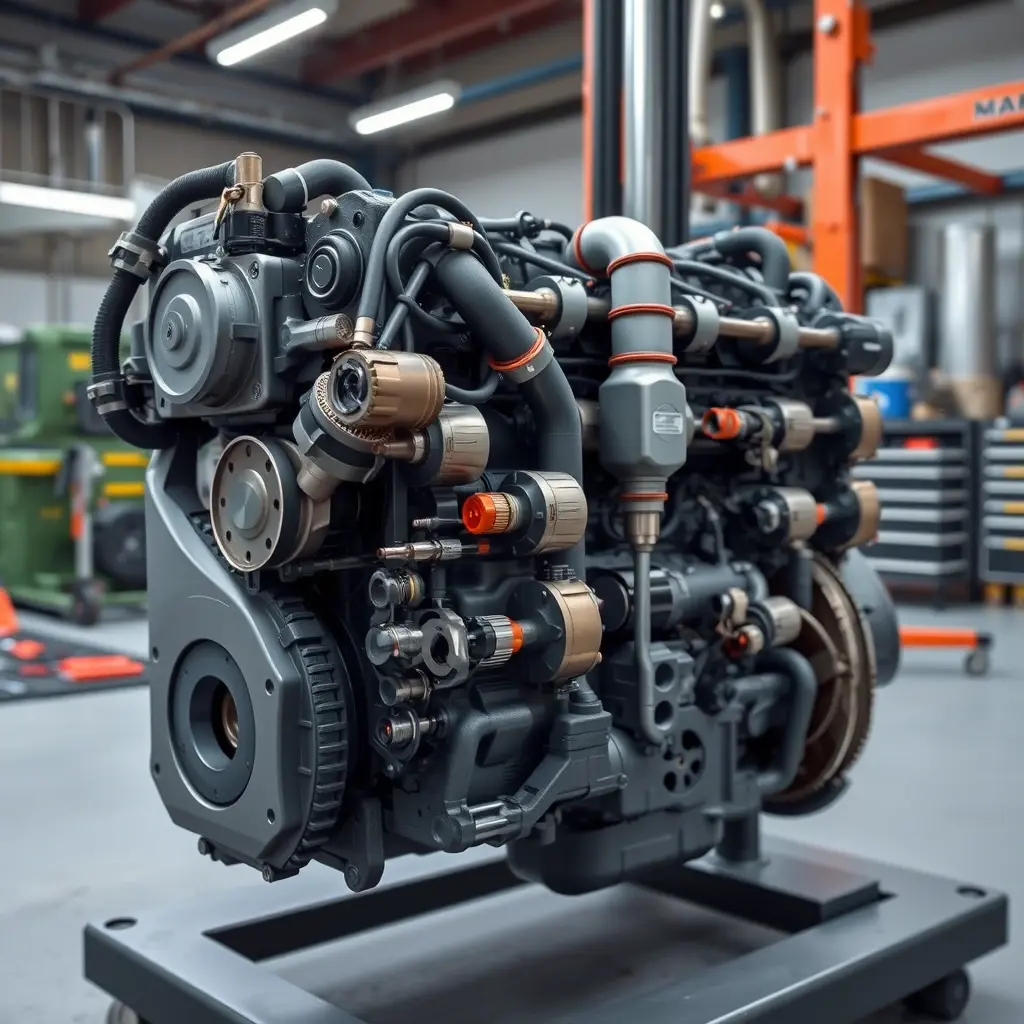A high-resolution, photorealistic depiction of a MAN TGE 2.0 diesel engine (102 hp, 2017 model) in a workshop, with the engine partially disassembled to show major components such as the cylinder block, pistons, crankshaft, fuel injection system, and turbocharger. The scene includes professional mechanic tools like wrenches, torque wrenches, and a service lift, with a clean, well-lit industrial background. Emphasize intricate mechanical details, metal textures, and realistic lighting, capturing the essence of a comprehensive engine overhaul.