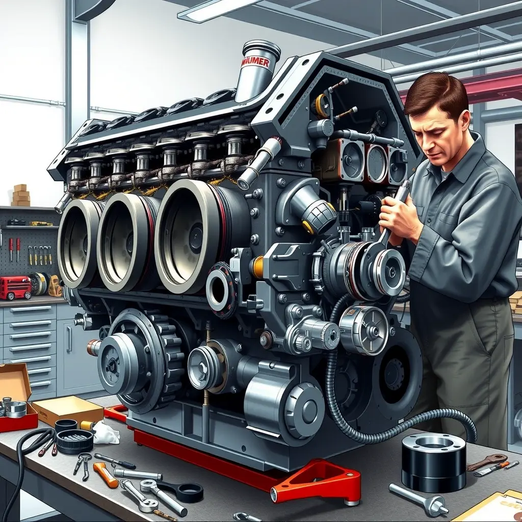 A detailed, high-resolution illustration of a Hummer H1 6.2 V8 diesel engine undergoing a major overhaul in a clean workshop. The engine block is open with visible pistons, crankshaft, and fuel injection components. A mechanic in coveralls is using a wrench on a bolt, with assorted tools and spare parts neatly arranged on a workbench. The lighting is bright and realistic, emphasizing the metallic textures and mechanical details.