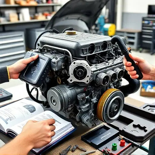 A detailed close-up of a Dacia Logan 0.9 TCe 90 hp engine during repair, showing the engine block, cylinder head, pistons, and surrounding components. A mechanic's hands are visible, holding a torque wrench and a screwdriver. The scene includes a diagnostic scanner, a service manual open, and various automotive tools scattered on a workbench. The background is a well-lit garage setting with a workbench and a car hood partially open. No text, letters, or digits are present in the image.
