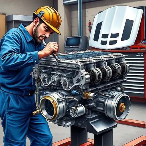 A detailed, realistic illustration of a mechanic working on a Chevrolet Camaro SS 6.2 V8 engine. The scene shows a partially disassembled engine block with visible pistons, crankshaft, and cylinder heads. The mechanic, wearing a blue coveralls and a safety helmet, is using a torque wrench and a set of precision tools. The background includes a garage setting with a workbench, a toolbox, and a subtle hint of a Camaro hood in the backdrop. The lighting highlights the metallic surfaces and the textures of the engine components, creating a sense of depth and technical precision.