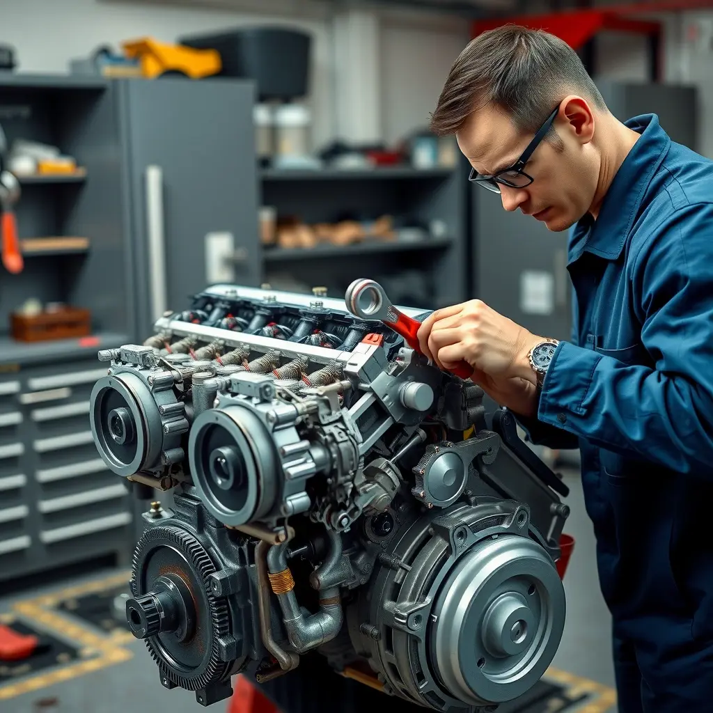 A detailed, high-resolution scene of a professional mechanic repairing a Great Wall Poer 2.0 Turbo gasoline engine (224 hp, 2019 model) inside a clean garage workshop. The engine is partially disassembled, showing pistons, turbocharger, and fuel system components. The mechanic, wearing a blue jumpsuit and safety glasses, is using a wrench and diagnostic tool, focusing on the engine block. The background includes organized tool cabinets, a workbench with spare parts, and soft industrial lighting that highlights the metallic surfaces and oil stains, creating a realistic and technical atmosphere.