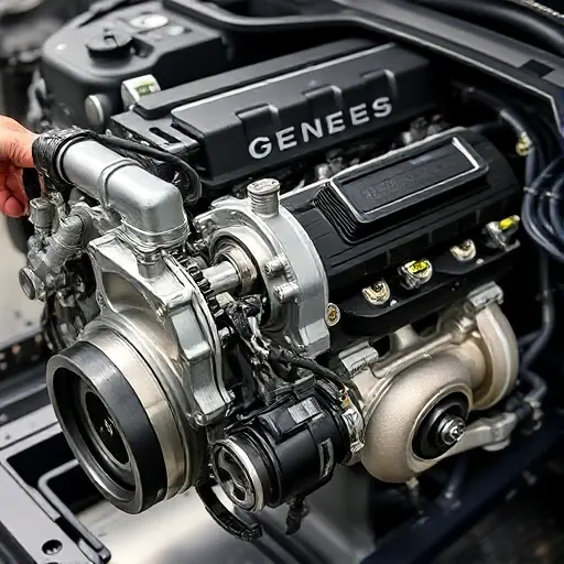 A detailed, high-quality image of a Genesis G80 3.5 V6 Turbo 375 hp engine undergoing a major repair. The engine should be partially disassembled, revealing intricate components. Focus on the mechanics and precision involved in the repair.