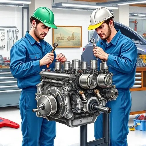 A detailed illustration of a mechanic repairing the 1.0L 68hp engine of a Citroën C1 (2005-2015) in a workshop setting. The scene shows the engine block partially disassembled, with visible pistons, crankshaft, and connecting rods. The mechanic is wearing a blue coveralls and a safety helmet, using a wrench and a torque wrench. The background includes a workbench with engine tools, a toolbox, and a car hood open. The lighting is bright and focused on the engine area, creating a realistic, high-detail view of the mechanical work.