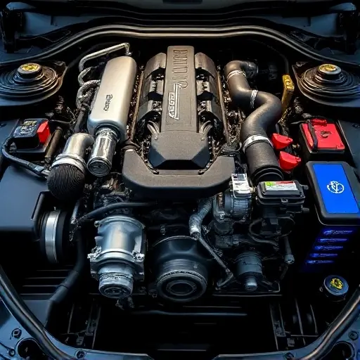A detailed engine bay view of a Borgward BX3 1.4T engine with 150 horsepower from the years 2019 to 2023, showing the engine during a major overhaul with visible mechanical components, tools, and service parts, realistic lighting, high detail, professional automotive workshop setting