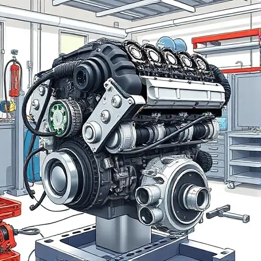 A detailed illustration of a Chevrolet Tahoe 6.2 V8 engine being repaired, showing the engine block, pistons, crankshaft, and mechanic tools in a clean workshop setting, with a focus on mechanical details and precision, no people, no text, no digits, no background clutter