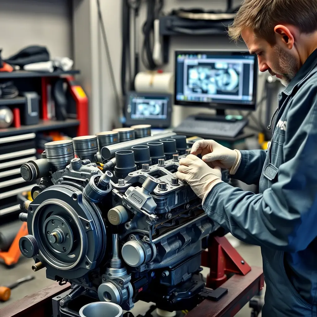 A detailed, high-resolution scene of a mechanic performing a major engine overhaul on a LADA Vesta 1.8L 122 hp (model years 2016-2020). The engine is partially disassembled on a workbench, with visible pistons, crankshaft, and cylinder head. The mechanic, wearing a clean jumpsuit and gloves, is using professional tools such as a torque wrench and socket set. The garage background includes organized tool racks, a diagnostic computer screen showing engine schematics, and soft ambient lighting that highlights the engine components. The composition emphasizes the technical precision and complexity of the repair process.