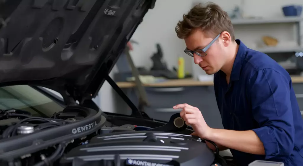 A realistic, high-resolution horizontal photo of a skilled mechanic in a well-lit, organized workshop, working on a Genesis car engine. The mechanic, wearing a blue coverall and safety goggles, is using a torque wrench on the engine block. The open hood of a Genesis car reveals the engine bay with visible pistons and cylinders. The background shows a clean workbench, neatly arranged tools, and a subtle reflection of the workshop lights on the metal surfaces. The focus is on the mechanic’s concentration and the intricate details of the engine components.