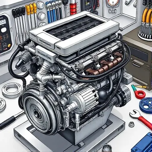 A detailed illustration of a Daewoo Lanos 1.5L engine undergoing a major overhaul. The engine should be shown with visible components like the cylinder head, pistons, crankshaft, and various hoses and belts. Tools such as wrenches, screwdrivers, and diagnostic equipment should be present in the background, suggesting the repair process. The overall scene should convey a sense of mechanical precision and expertise.