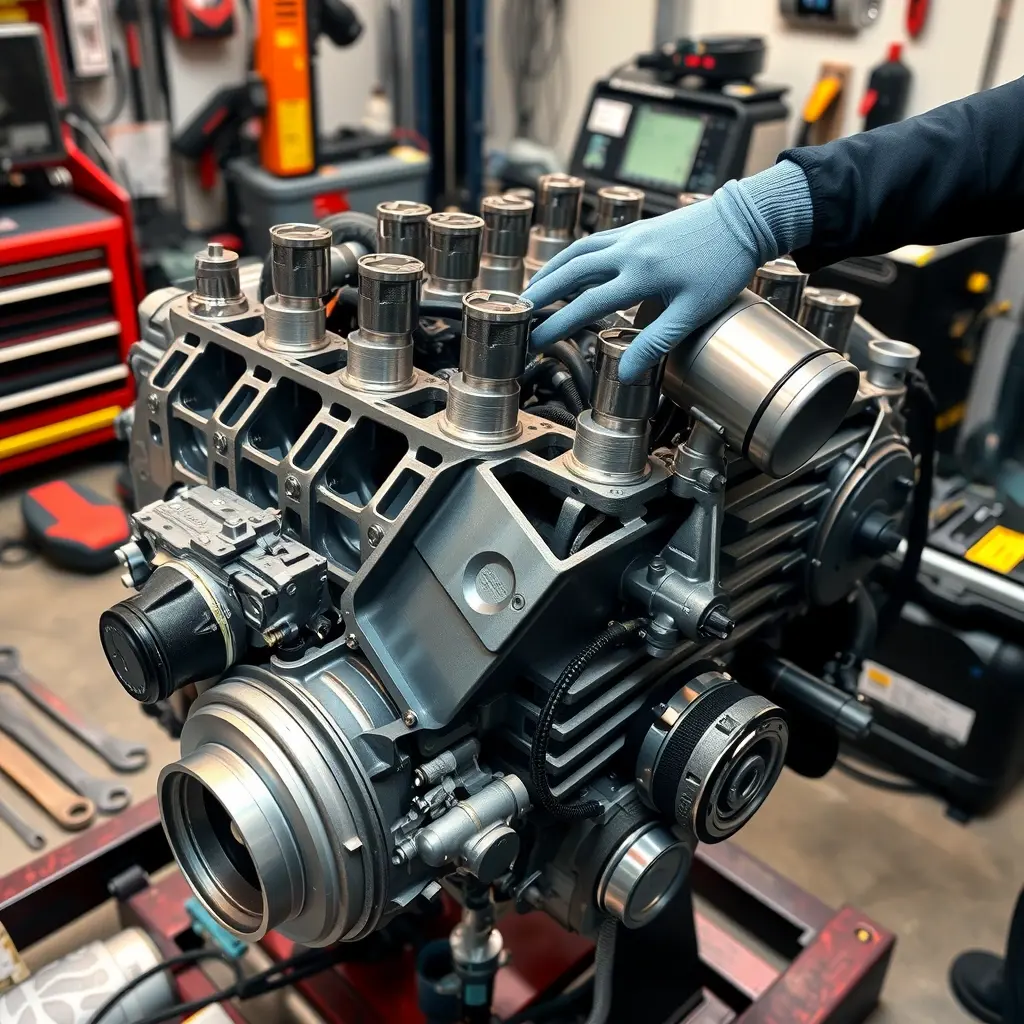 A detailed high-resolution view of a Jaguar XF 2.0 Turbo engine being completely overhauled in a clean workshop. The engine block is open, with pistons, crankshaft, and turbocharger visible, surrounded by professional mechanic tools such as wrenches, a torque wrench, and diagnostic equipment. Warm lighting highlights metallic surfaces, and a mechanic's gloved hands are adjusting a component, emphasizing precision and craftsmanship.