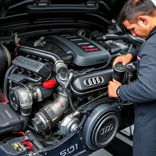 A detailed, high-quality image of an Audi SQ7 TDI engine undergoing repair. Focus on the engine components, tools, and a mechanic working on it. The scene should be well-lit and show a professional workshop environment.