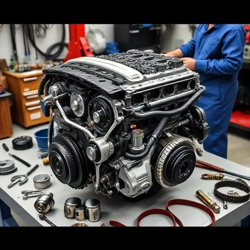 A detailed workshop scene showing a BMW 3 Series E90 2.0L engine disassembled for a major overhaul, with engine block, pistons, crankshaft, timing belt, and various tools spread on a clean workbench, with a mechanic in a blue coverall inspecting the components