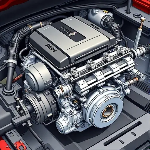 A detailed illustration of a Chevrolet Colorado 3.6 V6 engine undergoing a major repair. Focus on the engine block, visible components, and tools being used. The scene should depict mechanics working on the engine.