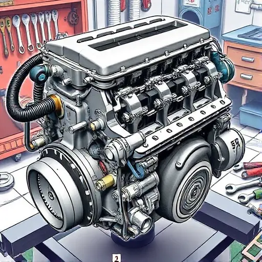 A detailed illustration of a Dacia Logan 0.9 TCe 90 engine undergoing a major repair. Focus on the engine block, cylinder head, and associated components. Show tools and parts commonly used in engine repair, such as wrenches, screwdrivers, and replacement parts. The scene should be in a workshop setting with visible tools and equipment.