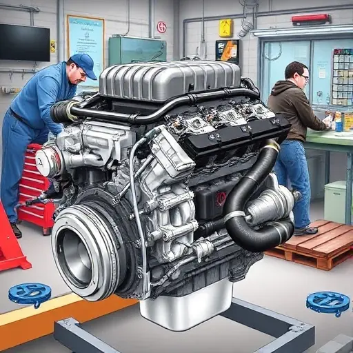 A detailed illustration of a Citroën DS3 1.6 THP 150 engine undergoing a major repair. The engine should be shown with visible components, tools, and technicians working on it in a workshop setting. Focus on the engine block, intake manifold, and exhaust system.