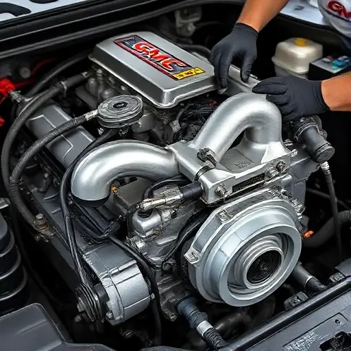 A detailed, high-quality image of a GMC Terrain 2.0 Turbo engine undergoing a major repair. Focus on the engine block, turbocharger, and surrounding components. Show tools and parts being used during the repair process. The scene should be well-lit and show a professional mechanic working on the engine.