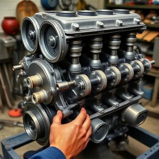 A detailed close-up of a 5.9 L V8 engine from a Bristol Blenheim aircraft, showing the cylinder heads, pistons, and connecting rods, with a mechanic's hands and tools in the foreground, all in a workshop setting, no text or labels