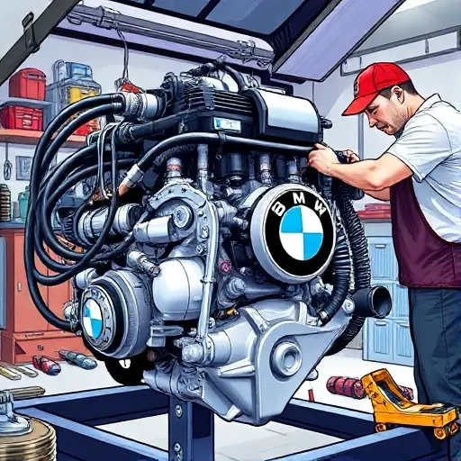 A detailed illustration of a BMW 2er G42 2.0L 374 hp engine undergoing repair. Focus on the engine components, tools, and a mechanic working on it. The scene should be in a well-lit garage setting.