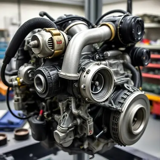 A detailed, high-quality image of a Jaguar XE 2.0 Turbo Ingenium engine undergoing a major repair. Focus on the engine block, turbocharger, and surrounding components. Show tools and parts being used during the repair process. The background should be a clean, well-lit workshop environment.