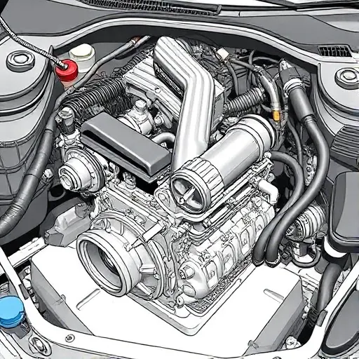 A detailed illustration of a Chevrolet Malibu 2.0 Turbo engine undergoing a major repair. Focus on the engine block, turbocharger, and surrounding components. Show tools and technicians working on the engine.