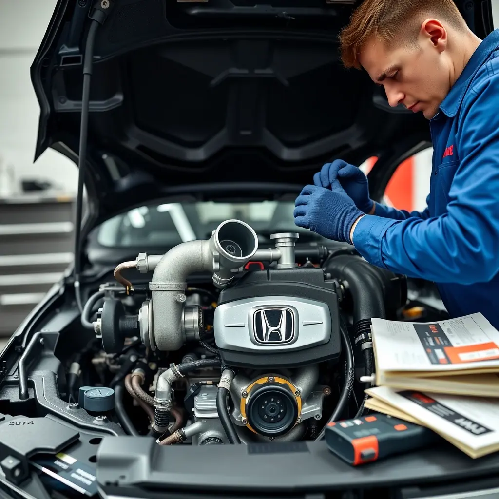 A detailed, realistic scene of a mechanic repairing the 1.5 Turbo engine of a 2021 Honda Civic in a clean workshop. The engine bay is open, showing the turbocharger, intake manifold, and wiring. The mechanic, wearing a blue jumpsuit and gloves, is using a wrench on a bolt, with diagnostic tools and a service manual on a nearby workbench. Soft studio lighting highlights the metallic parts and the Honda badge on the engine, emphasizing precision and technical detail.