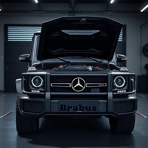 A high‑resolution, photorealistic rendering of a Brabus‑tuned Mercedes‑Benz G‑Class (G800) equipped with a 4.0 L V8 bi‑turbo engine delivering 800 hp, shown from a dynamic low angle, with the engine bay open to reveal twin turbochargers, polished chrome details, and a matte black exterior finish, set against a sleek garage backdrop with subtle lighting that highlights the car's aggressive lines and performance-oriented features