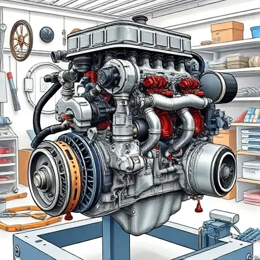 A detailed illustration of a LADA Granta 1.6 engine undergoing a major repair. The engine should be partially disassembled, revealing internal components. Focus on the mechanics of the repair, showing tools and parts. The background should be a clean, well-lit workshop environment.