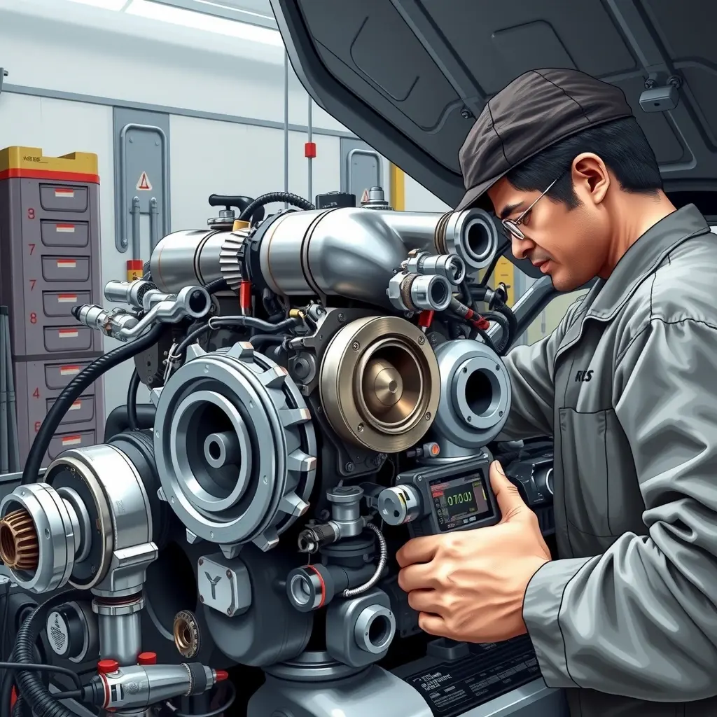 A detailed, realistic illustration of a mechanic in a clean workshop repairing the 2.0 Turbo diesel engine of a Great Wall Wingle 7, showing the engine block, turbocharger, fuel injectors, and tools such as wrenches and diagnostic equipment, with a focus on metallic textures and oil stains, captured in high definition
