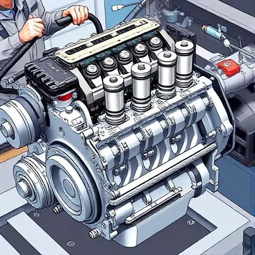 A detailed illustration of a Citroën C5 Aircross 1.2 PureTech 13 engine undergoing a major repair. The engine should be shown with visible components, tools, and technicians working on it. Focus on the engine block, pistons, and related parts.