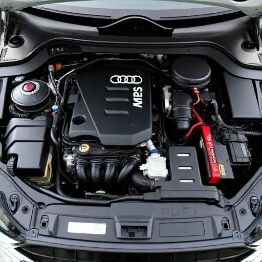 A detailed, high-quality image of the engine bay of an Audi Q5 PHEV 2.0 TFSI with an electric motor. Focus on the engine components, wiring, and battery pack. The image should showcase the technological aspects of the hybrid powertrain.