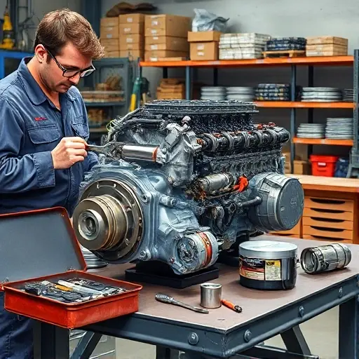 A detailed, realistic illustration of a workshop scene focusing on a Bertone Freeclimber 2.5 L TD 115 hp diesel engine undergoing a major overhaul. The engine is partially disassembled on a sturdy workbench, with visible pistons, crankshaft, and fuel injection components spread out. A mechanic in clean coveralls and safety glasses is using a wrench on a bolt, while a toolbox with standard tools (socket set, torque wrench, screwdriver) sits nearby. The background shows organized shelves with spar