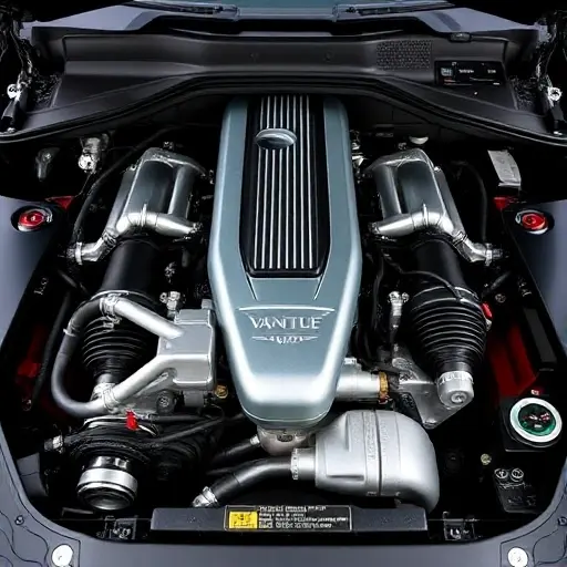 A detailed, high-quality image of the engine bay of an Aston Martin V8 Vantage 4.7 L V8 42. Focus on the engine itself, showcasing the V8 engine block, exhaust manifolds, and other components. The engine should be well-lit, highlighting its intricate details.