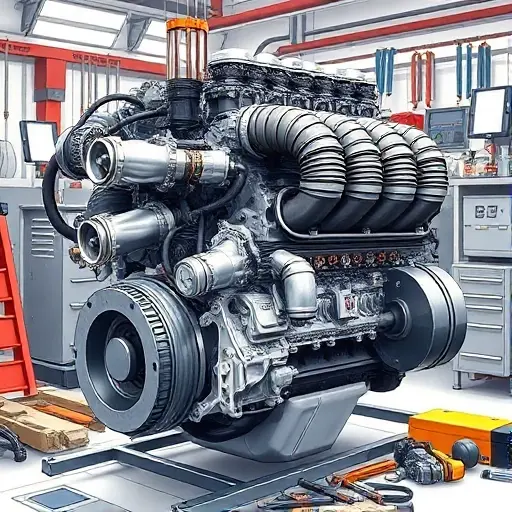 A detailed illustration of a BAIC BJ90 3.0 V6 Twin Turbo engine undergoing a major overhaul. Focus on the engine block, turbochargers, and various components. The scene should depict mechanics working on the engine, with tools and parts scattered around. The lighting should be bright and focused on the engine.