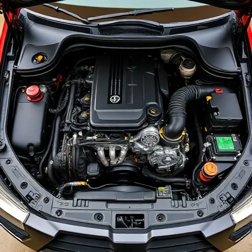 A detailed engine bay view of a Borgward BX5 SUV with a 1.8T 190hp engine during a major overhaul, showing mechanics working on the engine, tools and parts scattered, realistic lighting, high detail, no text or numbers visible