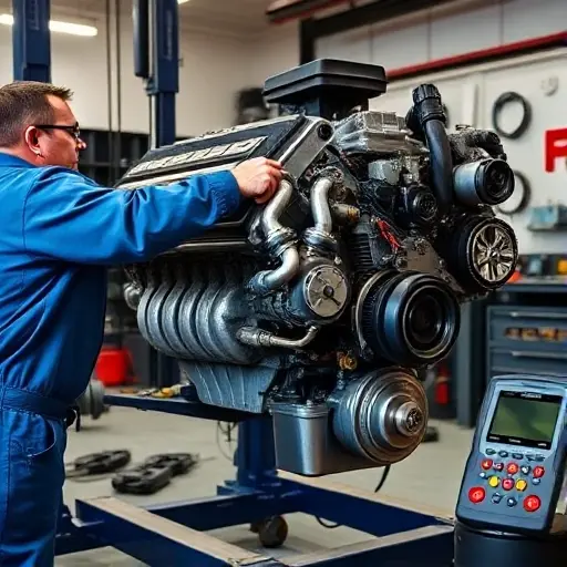 A close-up workshop scene of a Dodge Charger 5.7 V8 HEMI engine on a hydraulic lift, with a mechanic in a blue jumpsuit tightening a bolt with a torque wrench, surrounded by engine components, a workbench, and a diagnostic scanner, all in a well-lit garage