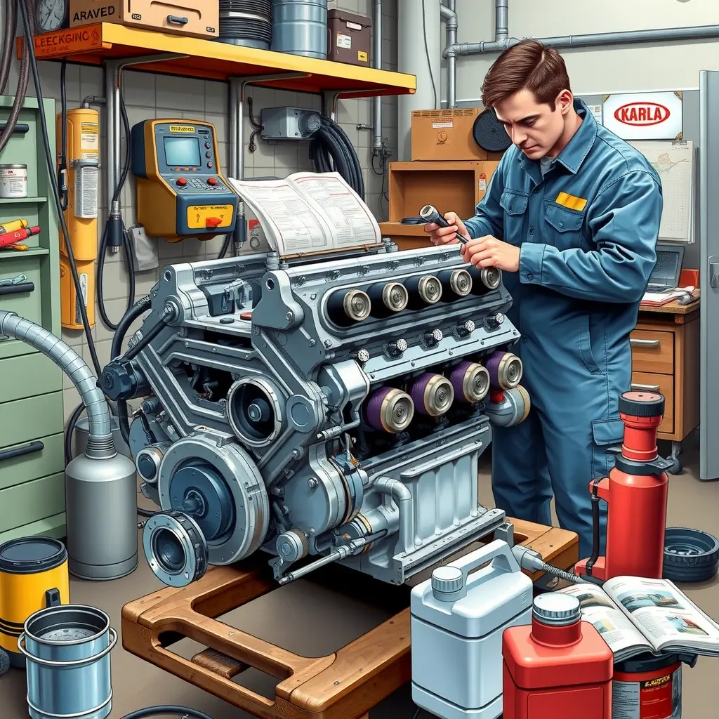 A detailed, realistic illustration of a classic GAZ 3102 Volga 2.4 L 100 hp engine from the 1980s‑1990s being repaired in a workshop. Show the engine block on a workbench with visible pistons, camshaft, and fuel system components. Include a mechanic in coveralls using tools such as a wrench and diagnostic equipment, with spare parts, oil cans, and a service manual open nearby. The scene should convey a focused, technical atmosphere with accurate mechanical details and a clean, well‑lit garage environment.