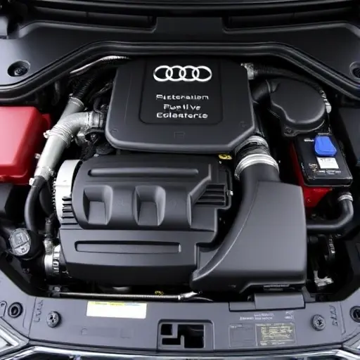 A detailed, high-quality image of the engine bay of a 2019-present Audi Q5 2.0 TDI 204 hp. Focus on the engine components, including the turbocharger, exhaust manifold, and engine block. The engine should be clean and well-maintained.
