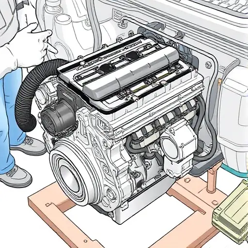 A detailed illustration of a Citroën Berlingo 1.2 PureTech 110 engine undergoing a major repair. Focus on the engine block, visible components, and tools being used. The scene should depict mechanics working on the engine.