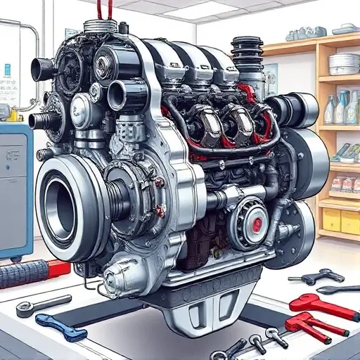 A detailed illustration of a Fiat 500 1.2L 69 hp engine undergoing a major overhaul. The engine should be partially disassembled, revealing internal components. Focus on the engine block, cylinder head, and various parts being inspected or replaced. Include tools like wrenches, screwdrivers, and diagnostic equipment around the engine. The background should be a clean, well-lit workshop environment.
