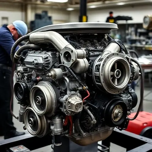 A detailed, high-quality image of a Lexus LS 3.5 V6 Turbo engine undergoing a major repair. Focus on the engine block, turbocharger, and surrounding components. Show tools and technicians working on the engine. The scene should be well-lit in a professional workshop environment.