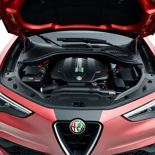 A high‑resolution close‑up of a modern Alfa Romeo Tonale SUV with a partially opened engine bay showing a 1.3 L plug‑in hybrid powertrain, 280 hp, and visible hybrid components, rendered in the smallHQ style with clean lines and minimal detail