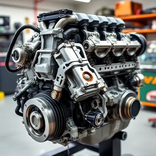 A detailed, high-quality image of a Chevrolet Corvette C7 6.2 V8 LT1 engine undergoing a major repair. The engine should be partially disassembled, revealing intricate components. Focus on the engine block, cylinder heads, and visible repair work. The background should be a clean, well-lit workshop environment.