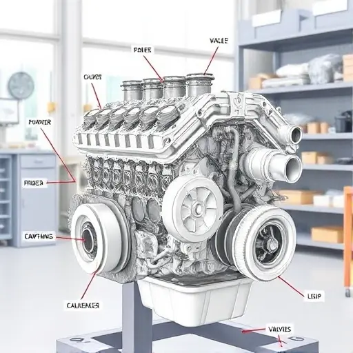 A detailed technical illustration of a Brilliance V3 1.5L 112hp engine from 2016-2019 showing the engine block, pistons, valves, and turbocharger in a clean workshop setting with labeled components and realistic mechanical textures