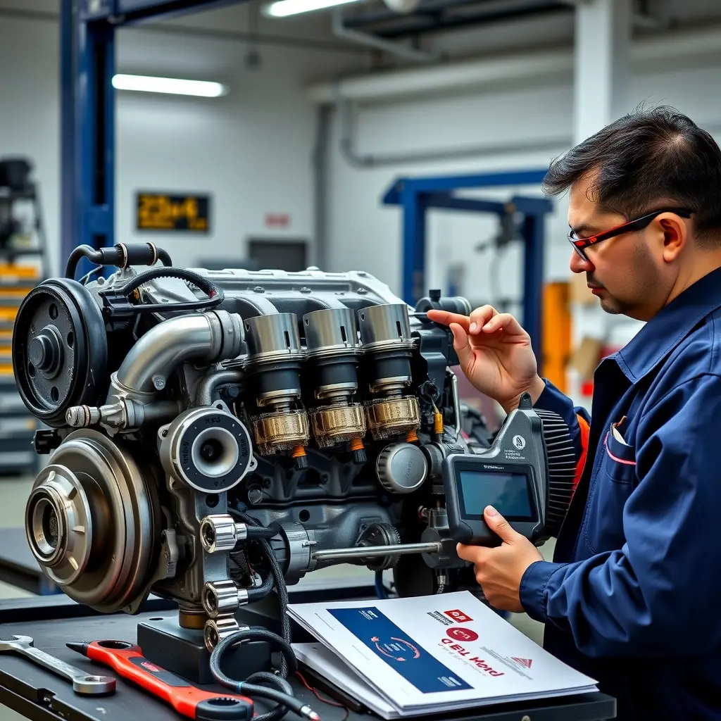 A detailed, high-resolution scene of a professional mechanic repairing the diesel engine of a Mahindra XUV700 (2.2L, 185 hp, 2021 model) in a clean garage workshop. The engine is partially disassembled, showing pistons, fuel injectors, and turbocharger, with tools such as wrenches, diagnostic scanner, and a service manual on a workbench. The mechanic, wearing a blue coverall and safety glasses, is focused on tightening a bolt. Soft studio lighting highlights the metallic parts, emphasizing the technical details and craftsmanship.